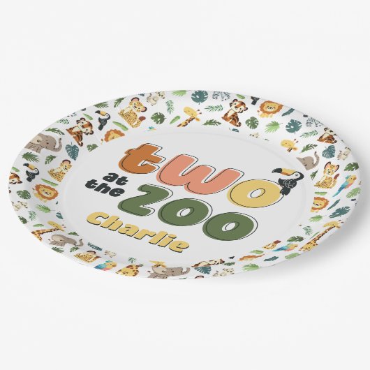 動物園サファリ動物の誕生日パーティーで2人 ペーパープレート (アングル)