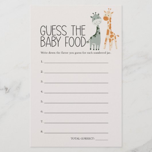 動物園サファリ動物の赤ちゃんシャワー推測ベビー食品ゲーム チラシ (正面)