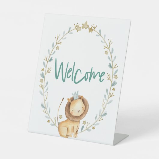 動物園サファリ動物ライオン赤ちゃんシャワーミニウェルカム 台座サイン (正面)
