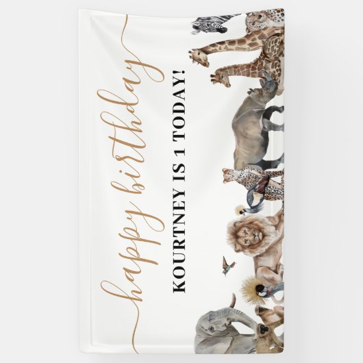 動物園サファリ動物子供の誕生日パーティー 横断幕 (縦)