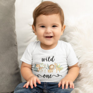 動物園ジャングルサファリ動物ワイルドワン1歳の誕生日 ベビーTシャツ