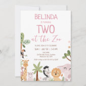 動物園モダンの2回目の誕生日にピンクのサファリ2 招待状 (正面)