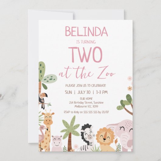 動物園モダンの2回目の誕生日にピンクのサファリ2 招待状 (正面)