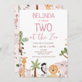 動物園モダンの2回目の誕生日にピンクのサファリ2 招待状 (正面/裏面)