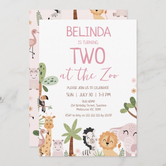 動物園モダンの2回目の誕生日にピンクのサファリ2 招待状 (正面/裏面)