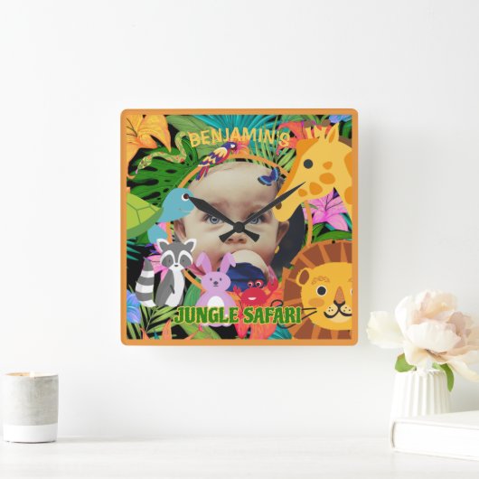 動物園ワイルドアニマルジャングルサファリ子供の誕生日 スクエア壁時計 (ホーム)