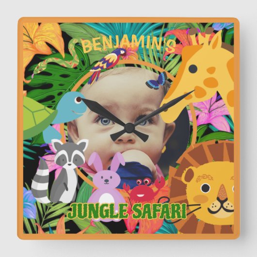 動物園ワイルドアニマルジャングルサファリ子供の誕生日 スクエア壁時計 (正面)