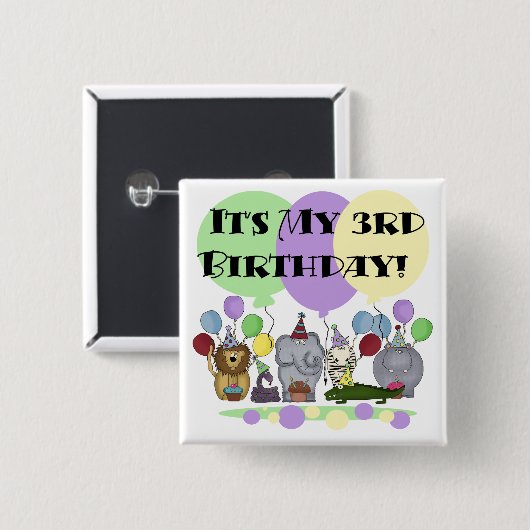 動物園動物の第3誕生日のTシャツおよびギフト 缶バッジ (正面&裏面)