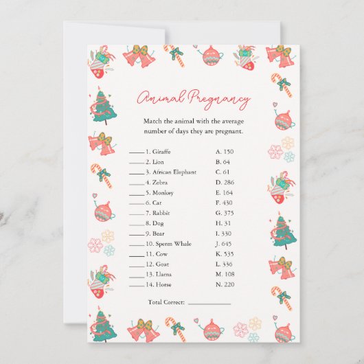 動物妊娠ゲームクリスマスベビーシャワーカード シーズンカード (正面)