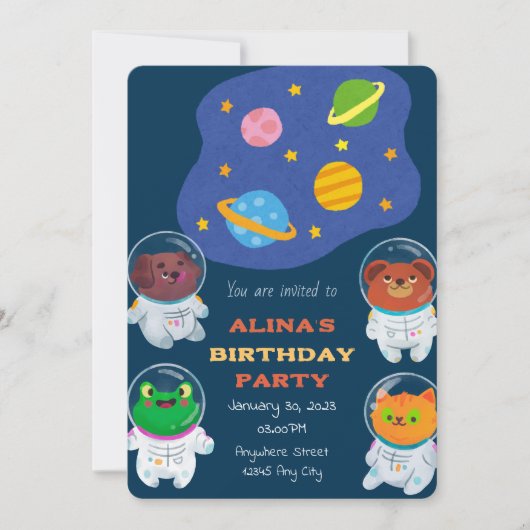 動物宇宙飛行士誕生日招待状 招待状 (正面)