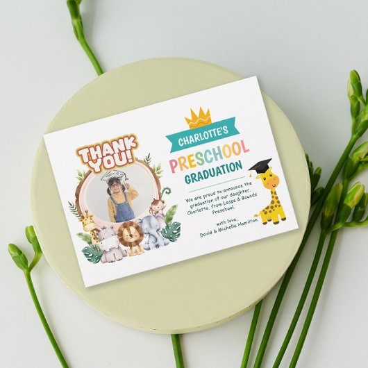 動物幼稚園写真卒業サンキューカード 招待状