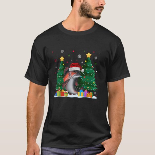 動物愛好家おもしろいサーモンサンタハット醜いクリスマ Tシャツ (正面)