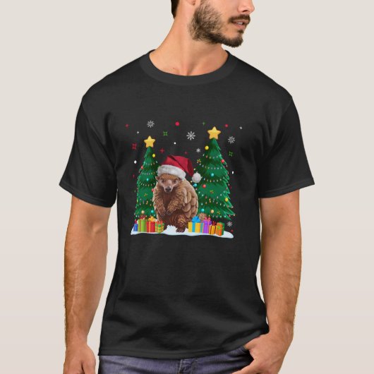 動物愛好家おもしろいパンゴリンサンタハット醜いクリスマス Tシャツ (正面)