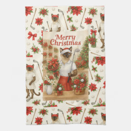 動物愛好家をテーマにしたゴルファー猫の女性クリスマス キッチンタオル