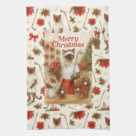 動物愛好家をテーマにしたゴルファー猫の女性クリスマス キッチンタオル (縦)