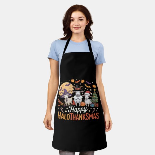 動物愛好家オーナーハッピーハロサンクスマスエッセンシア エプロン (着用した状態)