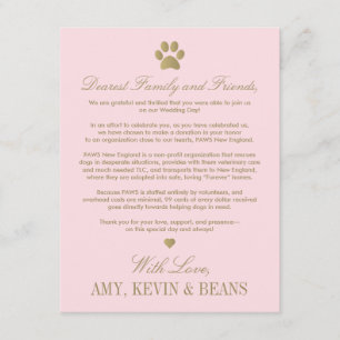 動物救助寄付ピンク・金ゴールド結婚ズ エンクロージャーカード