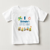 動物玩具列車および航空機第一誕生日 ベビーTシャツ (正面)
