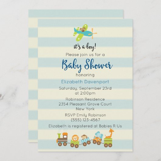 動物玩具列車および飛行機男の赤ちゃんシャワー 招待状 (正面/裏面)