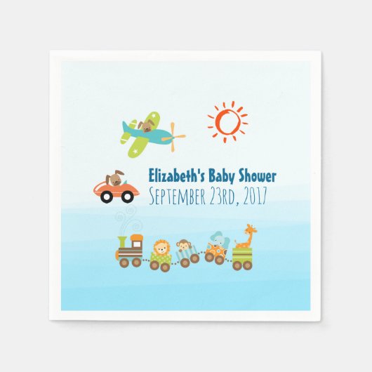 動物玩具列車と飛行機の男の子の赤ちゃんシャワー スタンダードカクテルナプキン (正面)