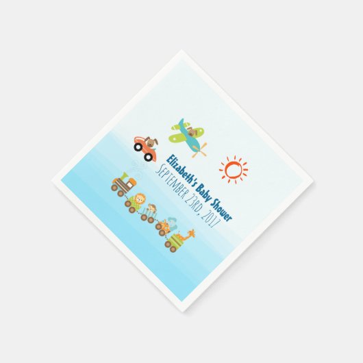 動物玩具列車と飛行機の男の子の赤ちゃんシャワー スタンダードカクテルナプキン (角)
