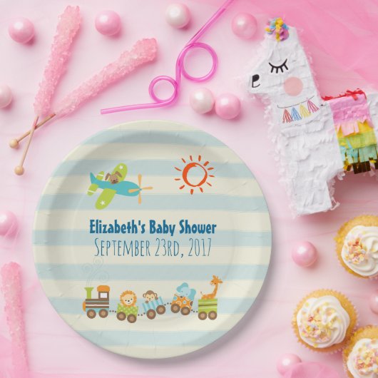 動物玩具列車と飛行機の男の子の赤ちゃんシャワー ペーパープレート (パーティー)
