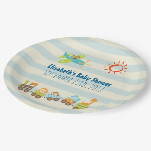 動物玩具列車と飛行機の男の子の赤ちゃんシャワー ペーパープレート (アングル)