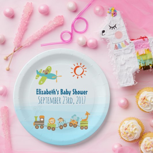 動物玩具列車と飛行機の男の子の赤ちゃんシャワー ペーパープレート (パーティー)