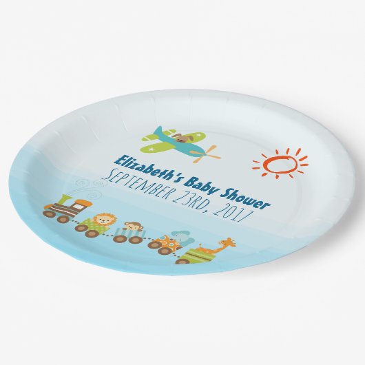 動物玩具列車と飛行機の男の子の赤ちゃんシャワー ペーパープレート (アングル)