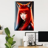 動物相の若い女性の赤毛キツネの耳 | AI Art ポスター (ホームオフィス)