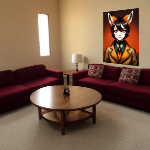 動物相の若い女性の黒毛狐の耳   AI Art ポスター