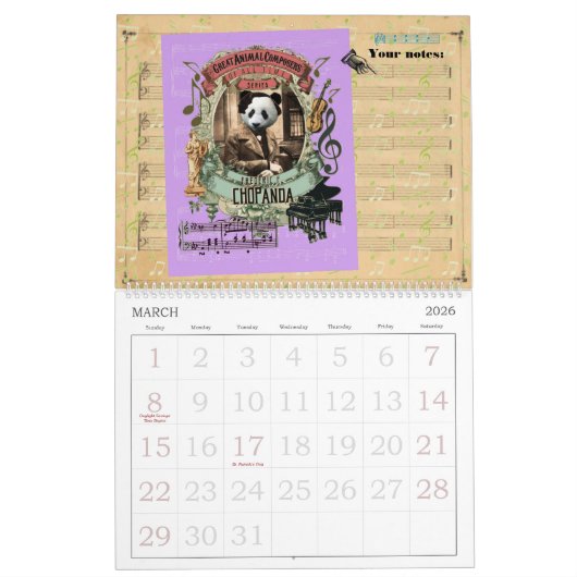 動物素晴らし音楽クラシカル作曲家 カレンダー (3月 2026)