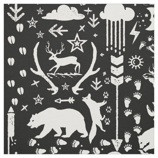 動物素朴線熊の鹿キツネウッドランドパターン ファブリック (見本)