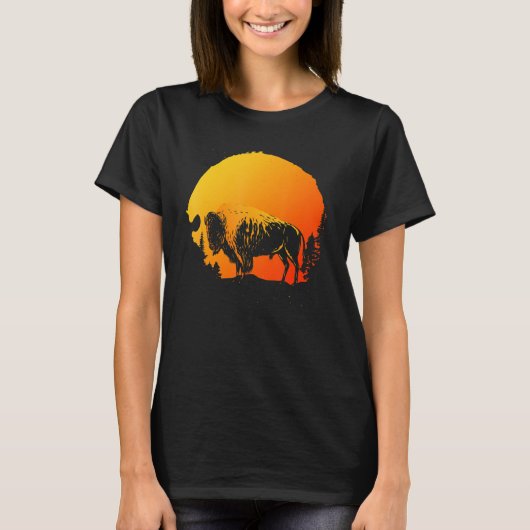 動物自然野生生物レトロシルエットバイソンバフ Tシャツ (正面)