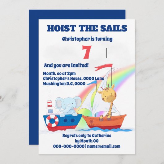 動物航海の帆船ANY AGE子供パーティー 招待状 (正面/裏面)