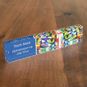 動物芸術的顔 – 緑の猫が目を見張る デスクネームプレート (側面)