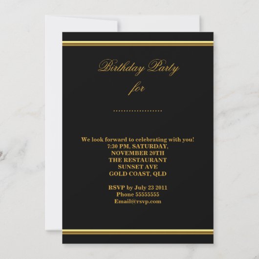 動物金ゴールドコルセットブラックレース誕生日パーティー 招待状 (裏面)