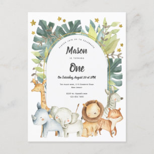 動物，ジャングル幼児のための最初の誕生日招待状 インビテーションポストカード