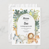 動物，ジャングル幼児のための最初の誕生日招待状 インビテーションポストカード (正面/裏面)