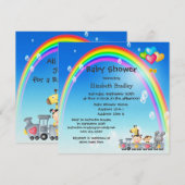 動物、女の子、列車 & レインボー ベイビー シャワー 招待状 (正面/裏面)