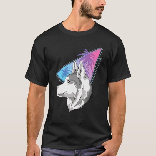 動物Vaporwave 80s合成波犬ペットシベリアH Tシャツ (正面)