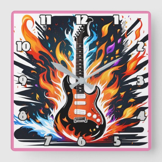 動的ディスプレイでギターがエネルギーで燃え上がる スクエア壁時計 (正面)