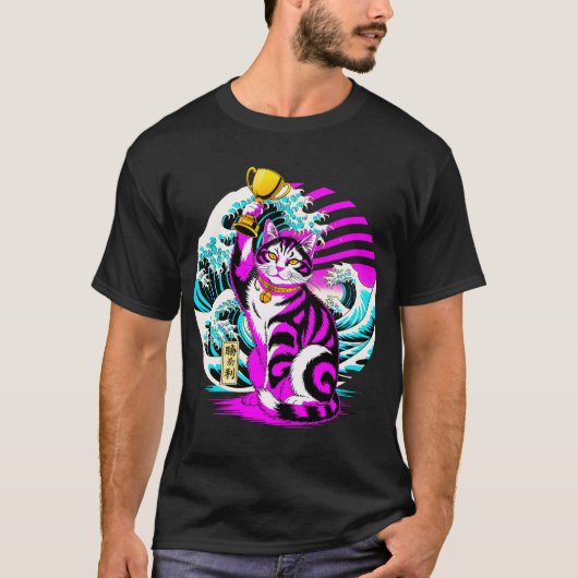 勝利の招き猫 - 日本の幸運の猫 Tシャツ (正面)