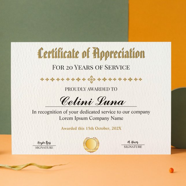勤続年数の証明書 – プロフェッショナル金ゴールド (Years of Service Certificate - Professional Gold)