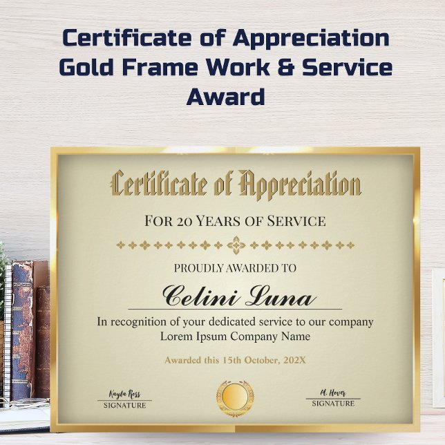 勤続年数の証明書 – プロフェッショナル金ゴールド (Certificate of Appreciation - Gold Frame Work & Service Award)