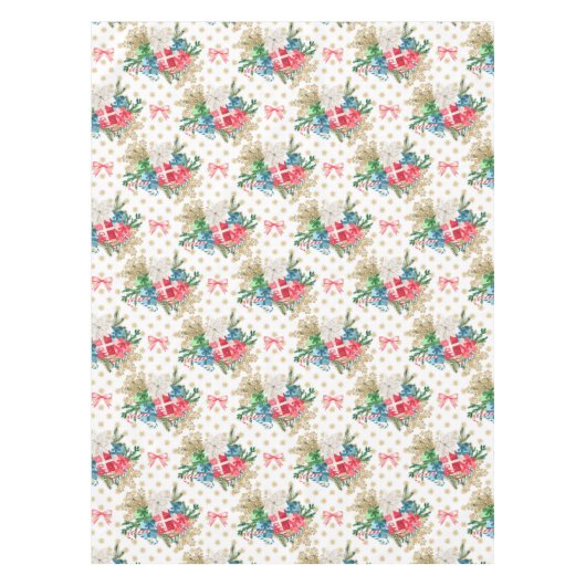 包まれたクリスマスのギフトボックス金ゴールド雪 テーブルクロス (正面)