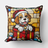包まれたクリスマスの子犬のステンドガフェイクラス クッション (正面)