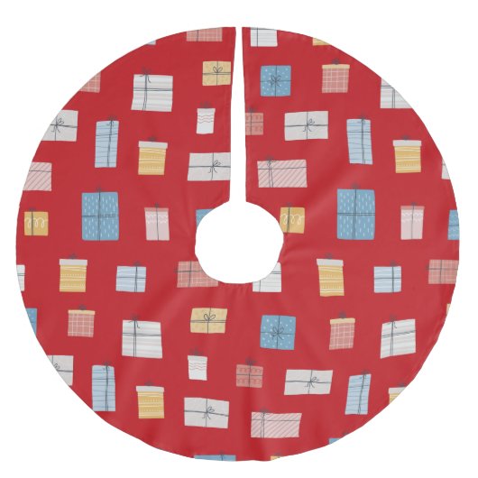 包まれたクリスマスの贈り物のプレゼントは文字列の赤 ブラッシュドポリエステルツリースカート (正面)