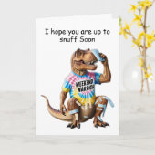 包帯だらけの氷嚢を持つ週末戦士のT-Rex カード (黄色い花)