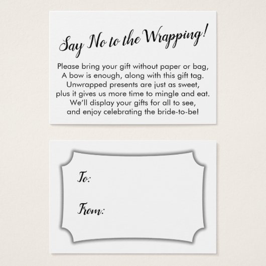 包装ミニマルブライダルシャワーギフトカードにノーと言う (正面&裏面)